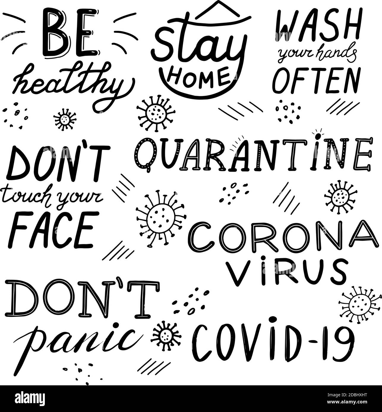 Coronavirus, Quarantäne, covid-19, gesund sein, nicht in Panik, nichtn`t berühren Sie Ihr Gesicht, zu Hause bleiben, waschen Sie Ihre Hände oft, setzen Kalligraphie Schriftzug Vektor Stock Vektor